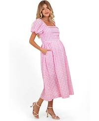 Pinkblush Maternity Pink Gingham Puff Sleeve Midi Dress
