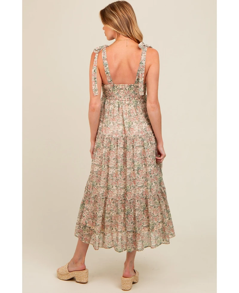 Pinkblush Maternity Cream Floral Shoulder Tie Tiered Maxi Dress