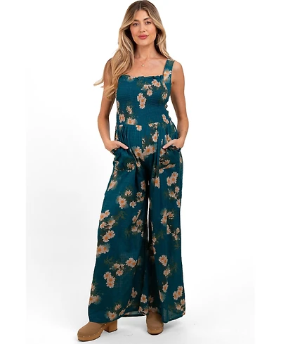Pinkblush Maternity Teal Floral Smocked Jumpsuit