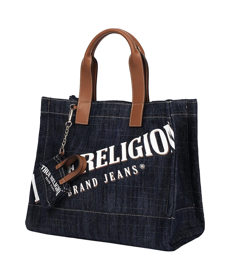 True Religion Women's Logo Denim Tote with Tote Dangle Charm