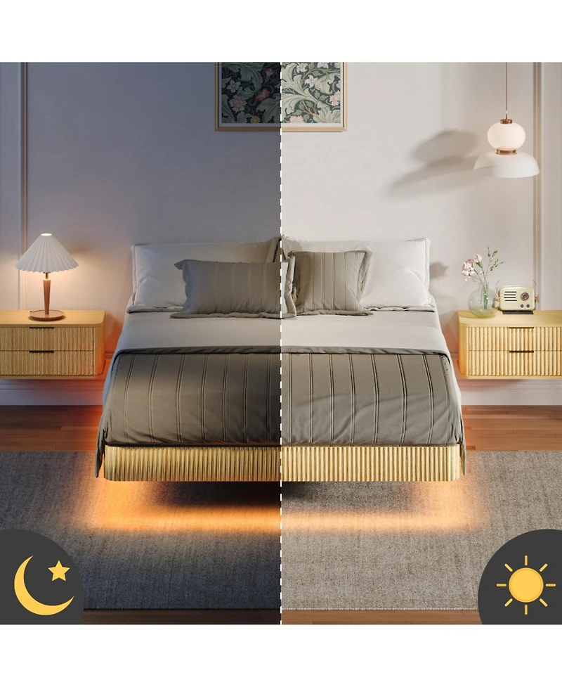 Rainsken Floating Bed Frame with Led Lights, Fluted Wave Curve Wood Floating Bed Frame, with Heavy Duty Metal Slats - No Box Spring Needed