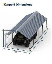 homfan Iron Vertical Rib Carport for Cars Trucks, Heavy Duty Outdoor Metal Vehicle Shelter with Steel Roof