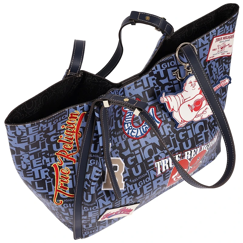 True Religion Women's Multi Patch Graphic Tote Bag with Buddha Charm and Adjustable Shoulder Straps