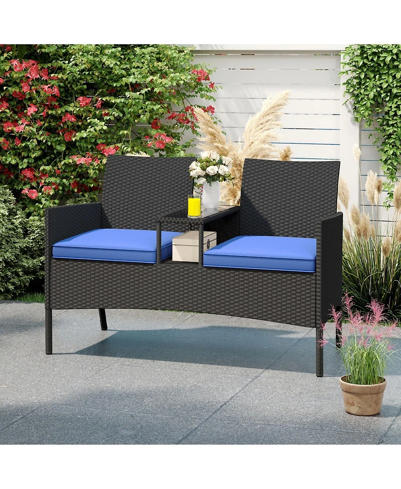Gymax Patio Loveseat with Built-in Table Soft Cushions and Tempered Glass Tabletop
