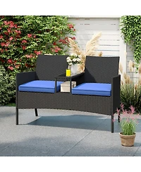 Gymax Patio Loveseat with Built-in Table Soft Cushions and Tempered Glass Tabletop