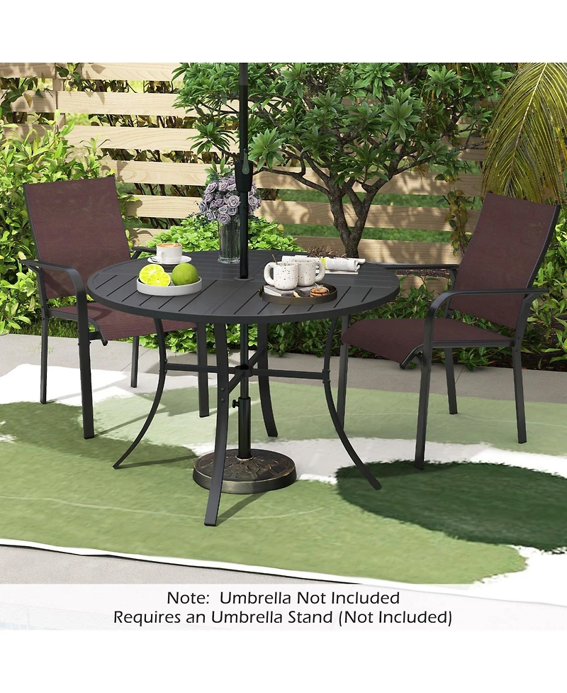 Gymax Patio Dining Table 42.5'' Round Metal Slat Table with Umbrella Hole Outdoor