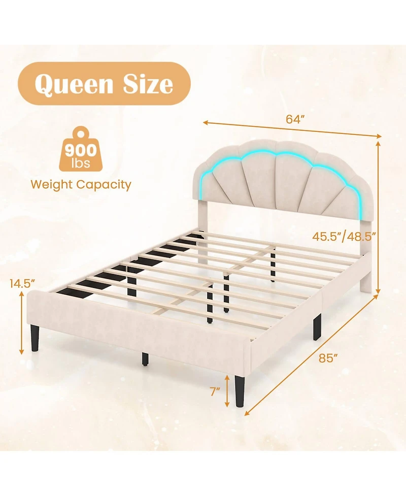 Costway Upholstered Led Bed Frame Soft Velvet Platform Bed with Flower Headboard