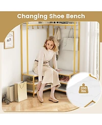 Slickblue Corner Entryway Rack with 7 Hooks Open Shelves and Shoe Bench Seat