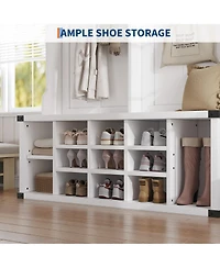 homfan Hall Tree with Bench – 12 Shoe Cubbies, 5 Double Hooks and Adjustable Shelves for Hallway, Mudroom or Bedroom