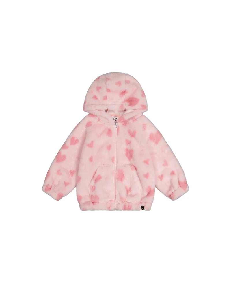 Deux par Toddler Girls 2T-5T Hooded Full Zip Faux Fur Jacket Printed with Hearts