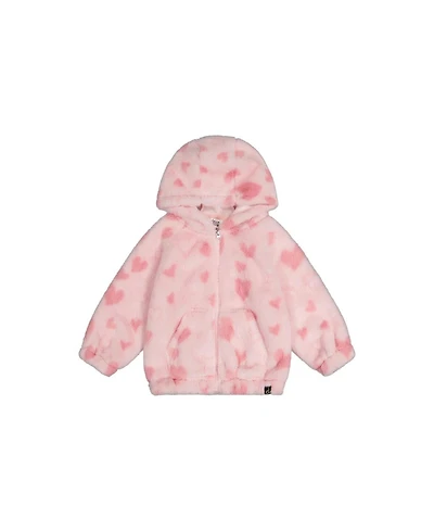 Deux par Toddler Girls 2T-5T Hooded Full Zip Faux Fur Jacket Printed with Hearts
