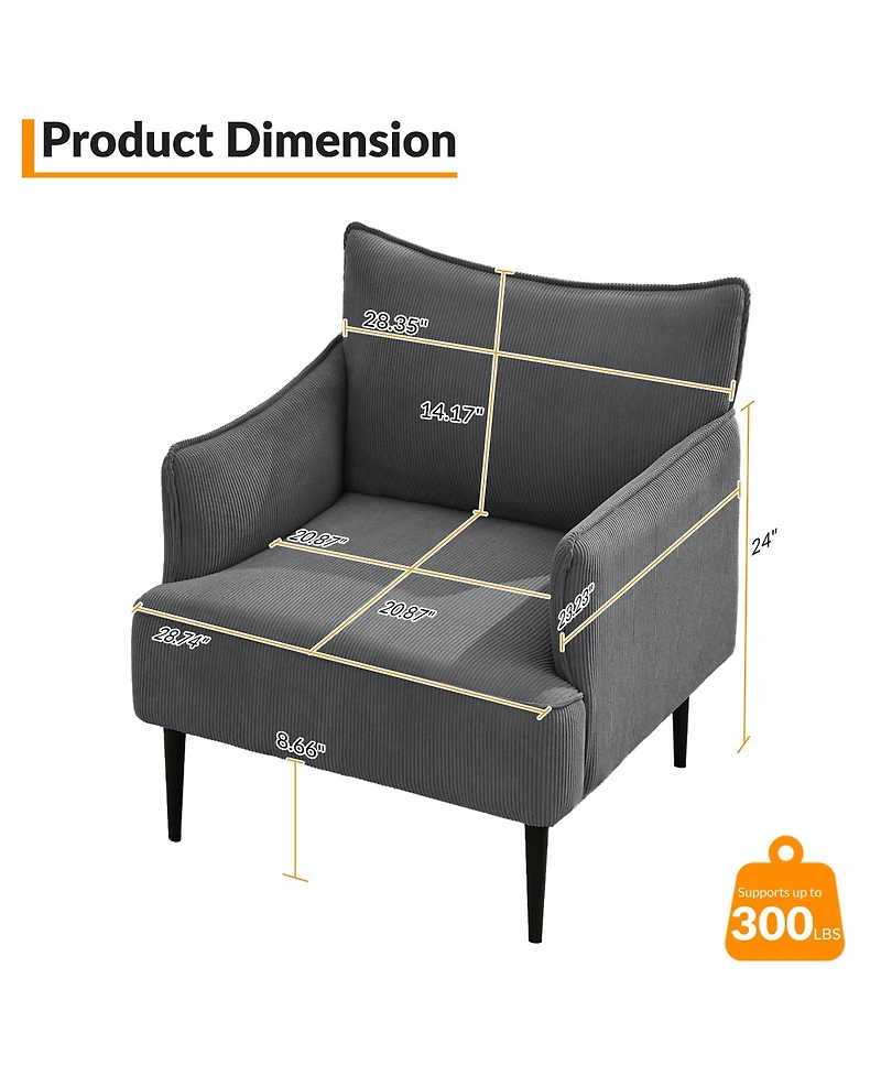 homfan Single Armchair with Removable Cushions, Wood Frame and Metal Legs, 300 Lbs Capacity, for Living Room and Bedroom