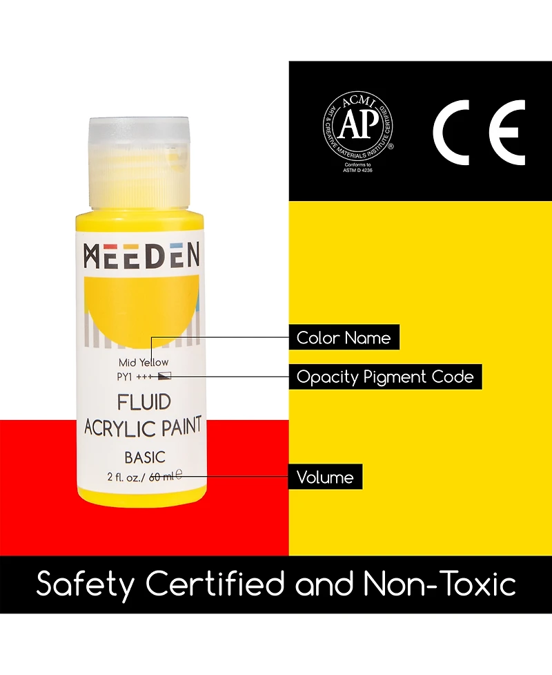 Meeden Fluid Acrylic Paint Set, 6 Vibrant Colors/Bottles (2 oz, 60 ml), Rich Pigments, High Flow Acrylic Paints for Artists, Adults, Kids