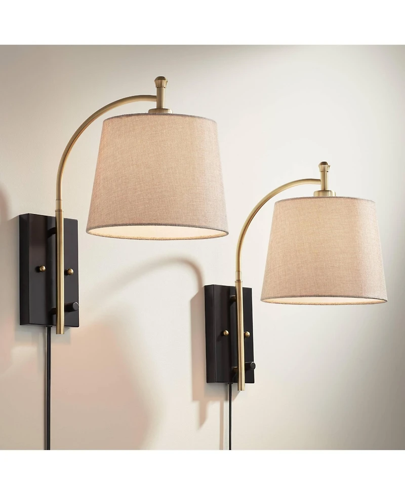 360 Lighting Chester Modern Swing Arm Wall Lamps Set of 2 Brass Plug-in Light Fixture Tan Drum Shade for Bedroom Bedside Living Room Reading