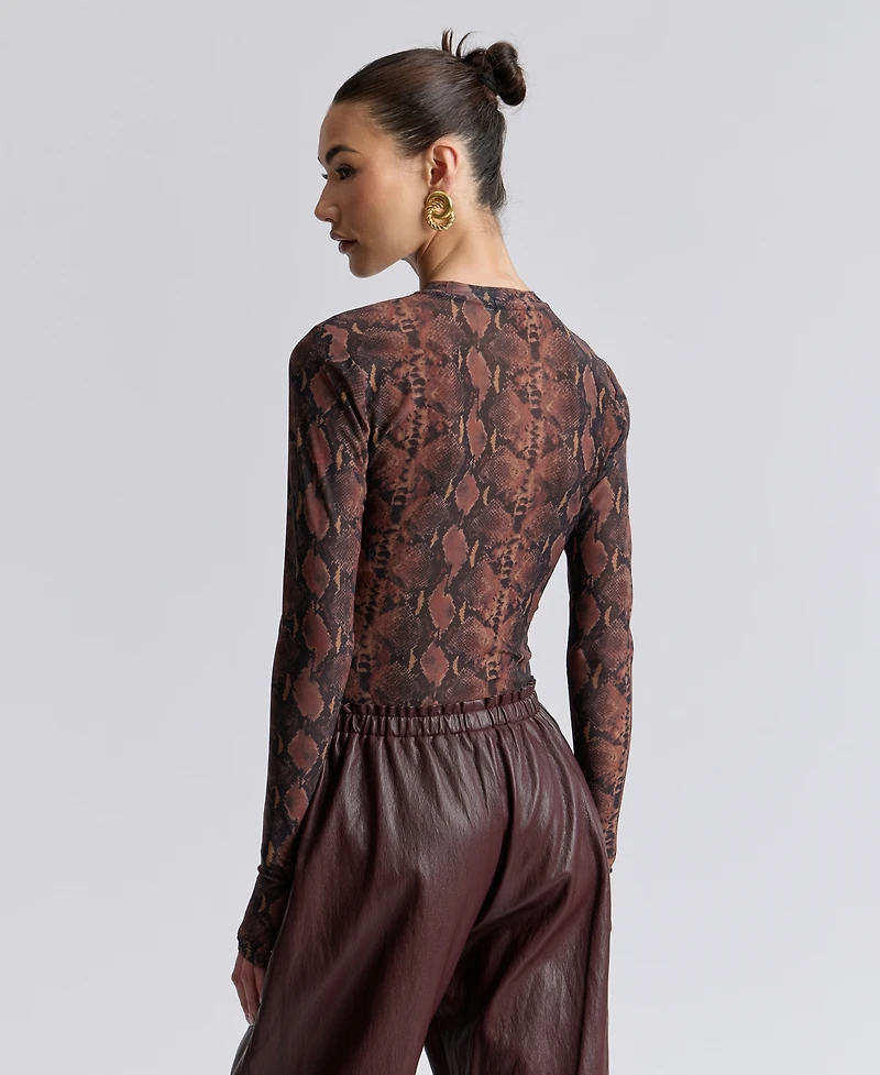 Avec Les Filles Women's Printed Long-Sleeve Mesh Top