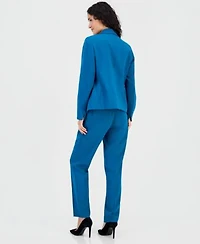Kasper Womens Notched Collar Jacket Printed Diamond Neck Blouse Ava Straight Leg Pants