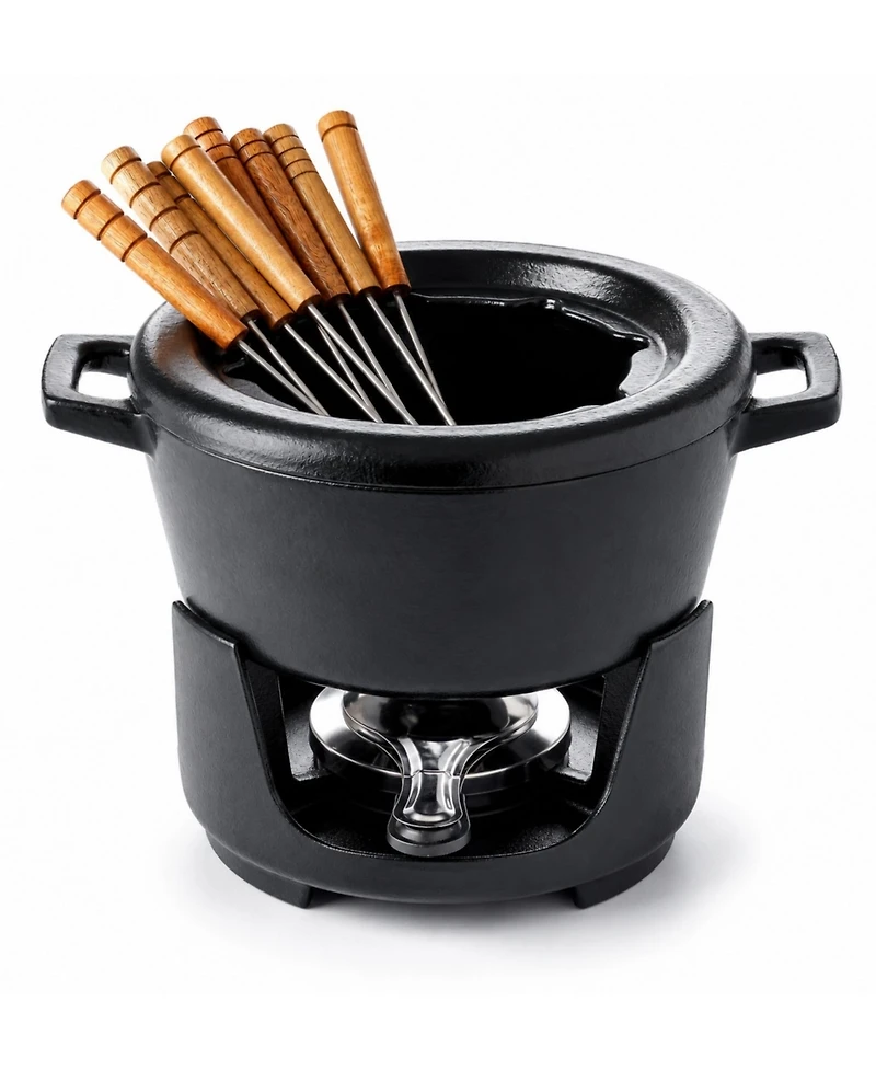 Alva Nori 2 Qt Enameled Cast Iron Fondue Set - Adjustable Burner & 8 Forks