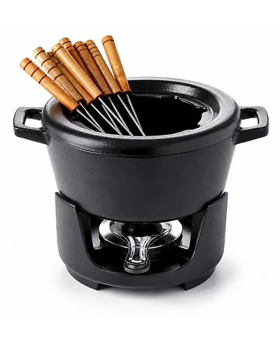 Alva Nori 2 Qt Enameled Cast Iron Fondue Set - Adjustable Burner & 8 Forks
