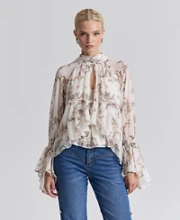 Avec Les Filles Women's Floral High-Neck Puff-Sleeve Top