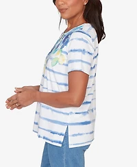 Alfred Dunner Women's Striped Floral Split Neck Top