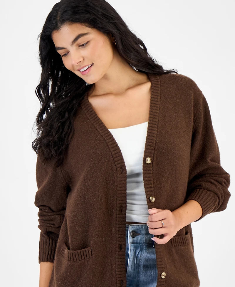 Hippie Rose Juniors' V-Neck Boyfriend Button-Front Cardigan