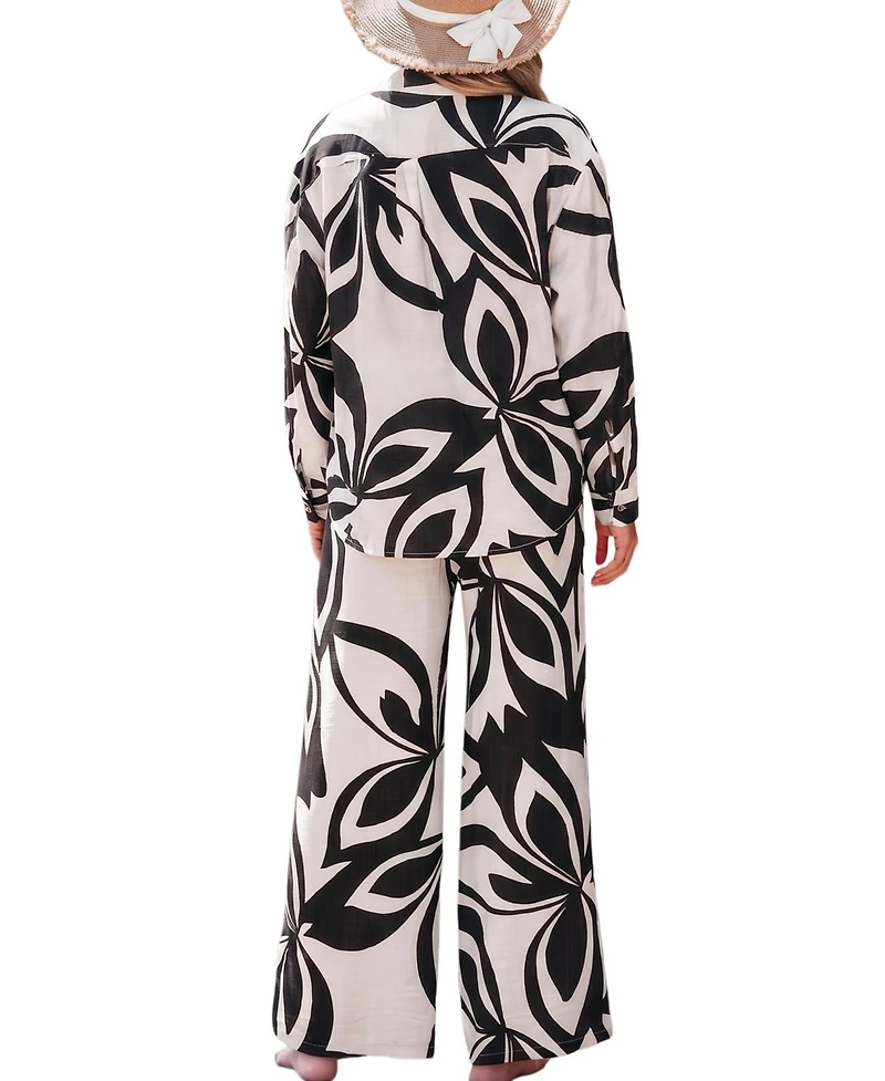 Cupshe Women's Abstract Leaf Print Button-Down Shirt and Wide Leg Pants Matching Set