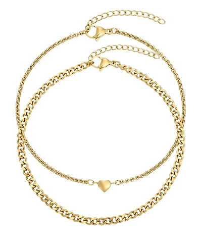 Adornia Tarnish Resistant Gold Set of 2 Heart and Curb Chain Anklet Set