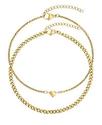 Adornia Tarnish Resistant Gold Set of 2 Heart and Curb Chain Anklet Set