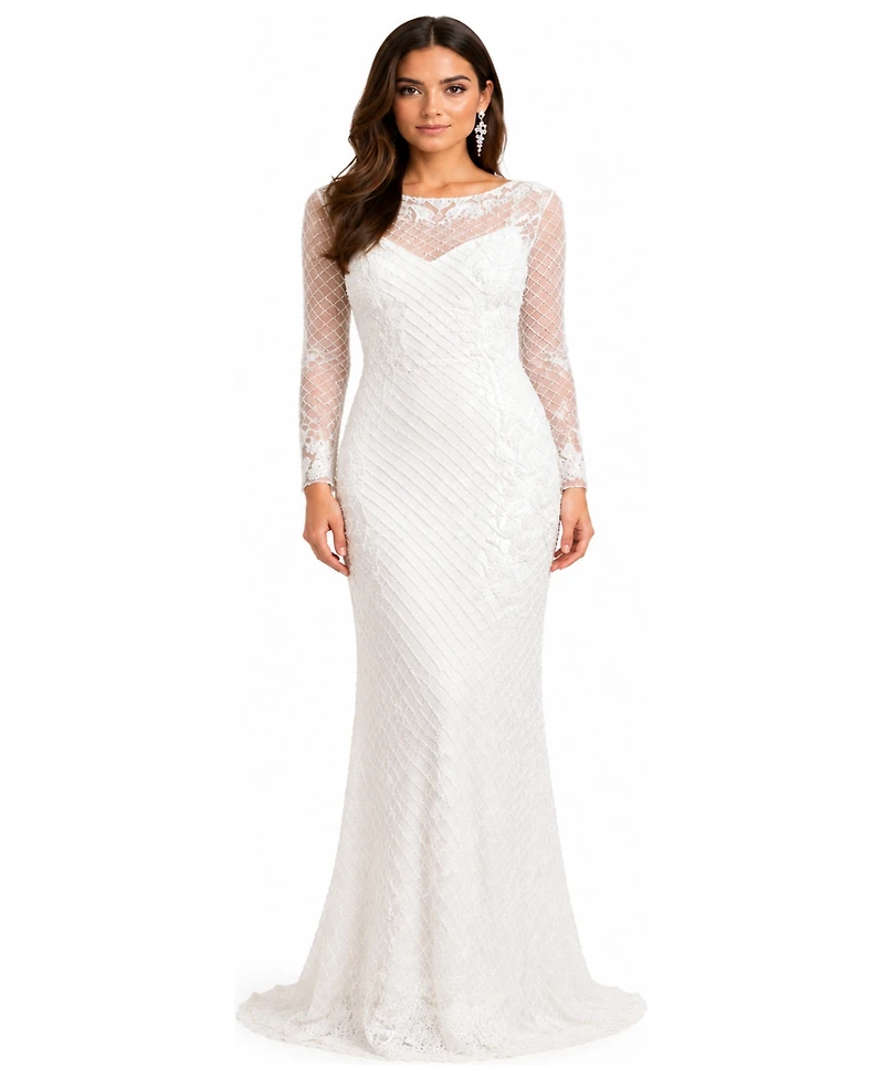 Lara Women's High Neck, Long Sleeve Beaded Wedding Gown