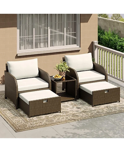 homfan 5 Piece Outdoor Patio Set, Pe Wicker Furniture with Hidden Ottomans, Cushions and Glass Coffee Table, for Porch and Backyard
