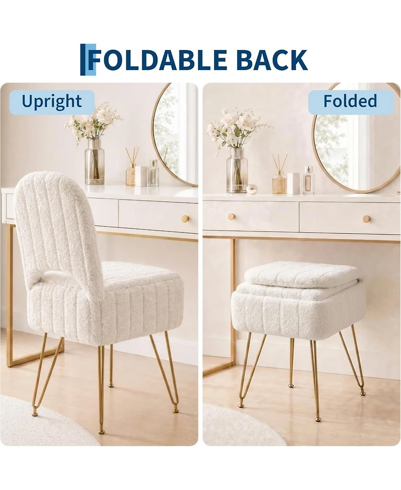 gaomon Vanity Stool Chair with Backrest, Square Ottoman with Hidden Storage Compartment, Soft Teddy Fabric