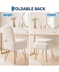 gaomon Vanity Stool Chair with Backrest, Square Ottoman with Hidden Storage Compartment, Soft Teddy Fabric