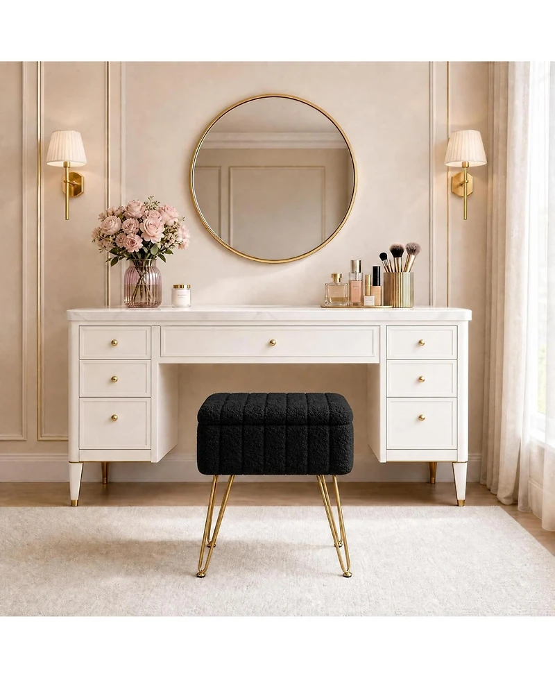 gaomon Vanity Stool with Storage, Faux Fur Ottoman with Metal Legs and Anti-Slip Feet