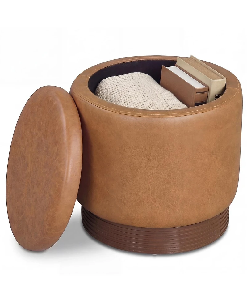 Slickblue Round Ottoman with Hidden Storage and Acacia Wood Frame for Living Room