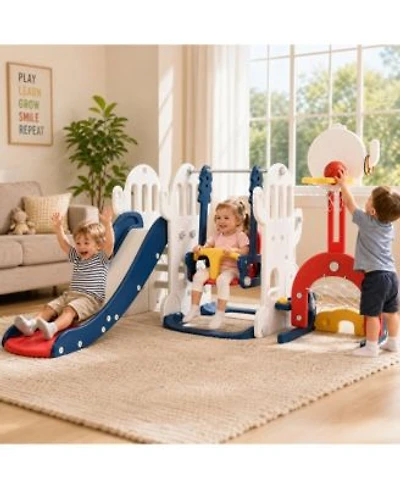 Homfan 7 In 1 Toddler Slide Swing Set Kids Climber Play Set With Extra Long Slide Basketball Hoop Soccer Multi Game For Indoor Play