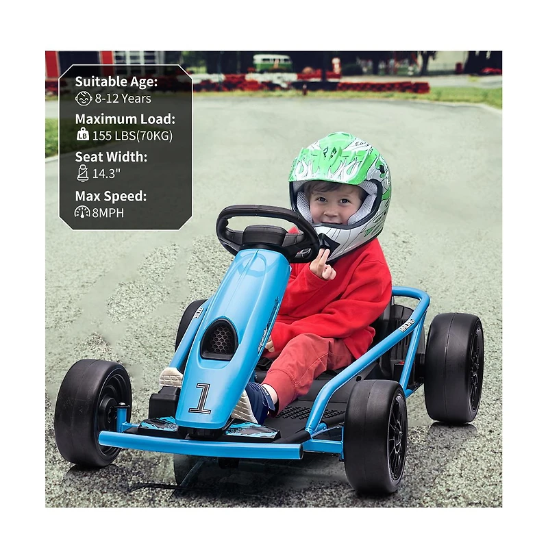 homfan 45.7 x 23.1 11.4 Inch Kids Electric Drift Go Kart, 24V High Speed Racing Kart with 2 Batteries, Metal Frame for Outdoor Driving Fun