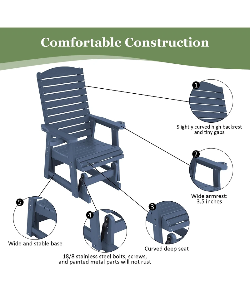 Mega Casa Poly Lumber Patio Glider for One Person, with Cup Holders, High Backrest and Deep Contoured Seat, Hips Material, All-Weather Resistant