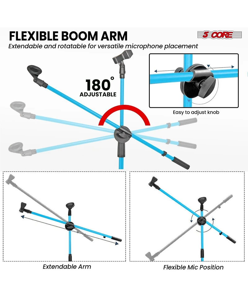 5 Core Dual Microphone Stand 2 Pack, Adjustable Tripod Floor Stand with Boom Arm