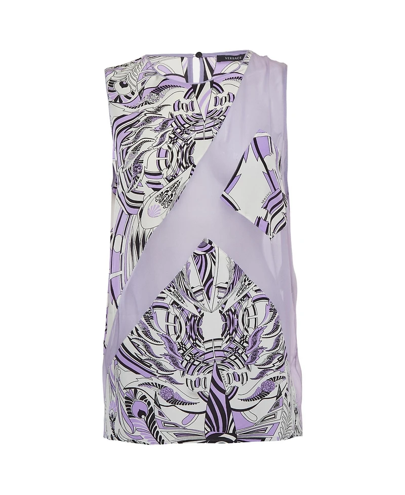 Pre-Owned Versace Women's Abstract Print Paneled Silk and Chiffon Sleeveless Top