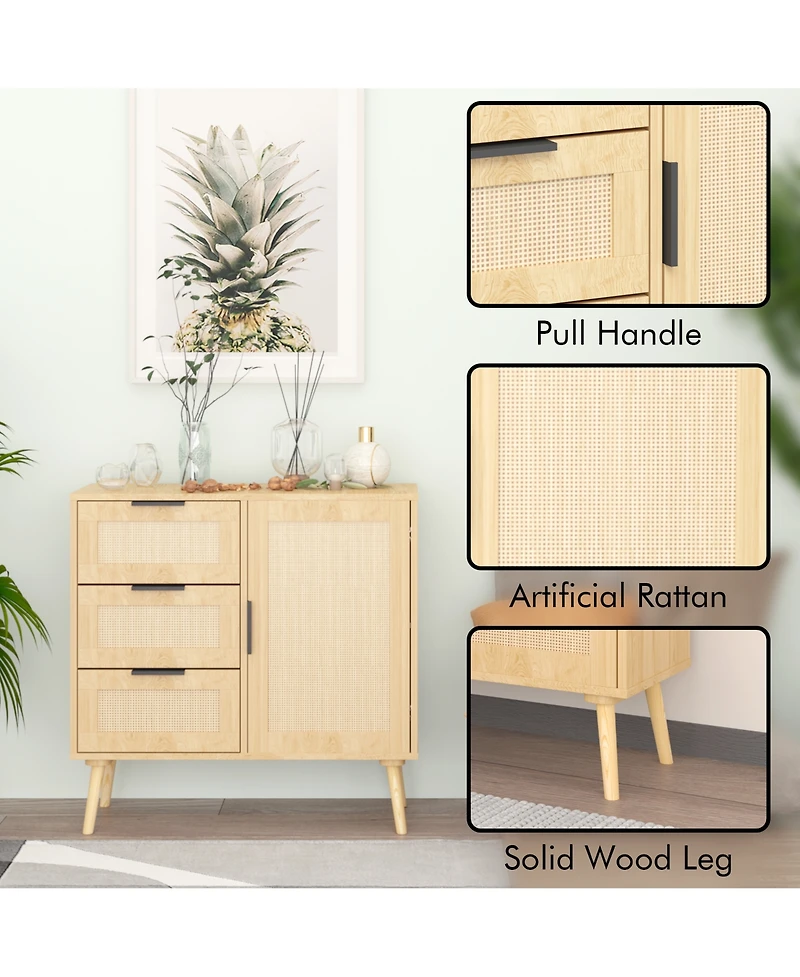 Flynama Modern Rattan Wood Dresser 3 Drawer Storage Cabinet with Adjustable Shelf Anti Tip