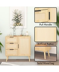 Flynama Modern Rattan Wood Dresser 3 Drawer Storage Cabinet with Adjustable Shelf Anti Tip
