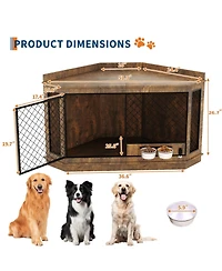 homfan 52 Corner Dog Crate with 360degrees Feeder Wooden Pet Kennel and Tv Stand, Multi-Function Storage Cabinet