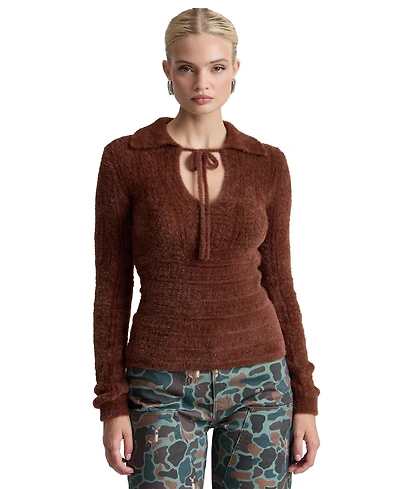 Avec Les Filles Women's Spread Collar Keyhole Sweater