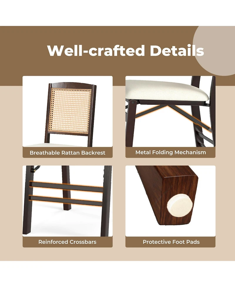 Costway Folding Dining Chairs with Linen Padded Seat and Rattan Backrest for Kitchen