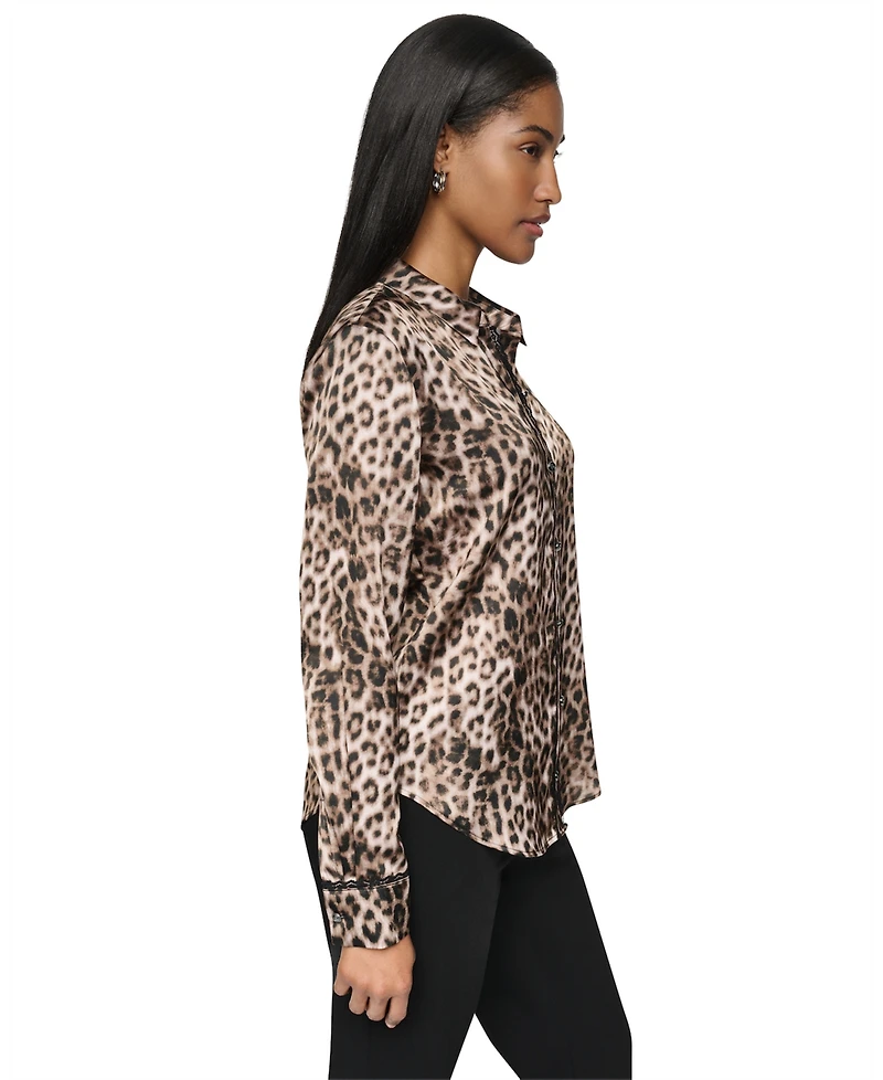 Dkny Petite Printed Satin Long-Sleeve Collared Top