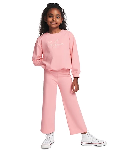 Calvin Klein Girls' 2T-6X Crewneck Sweatshirt and Pants, 2-Piece Set