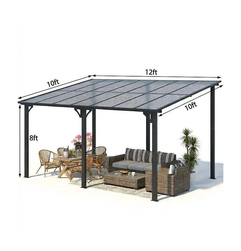 homfan Wall Mounted Gazebo Iron Frame Lean-to Canopy with Pc Roof, High-Low Patio Awning for Door Window Backyard