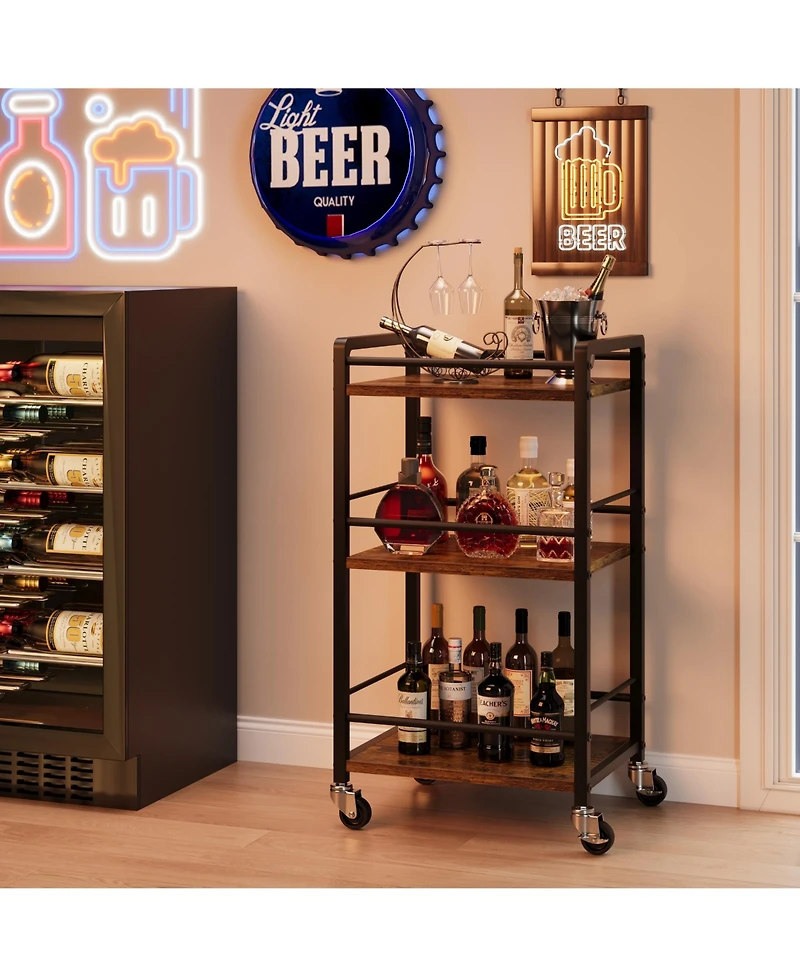gaomon 3-Tier Rolling Bar Cart with Wheels Mini Mobile Utility Serving Cart for Dining, or Living Room Lockable Storage Shelf for Wine, Liquor, Coffee