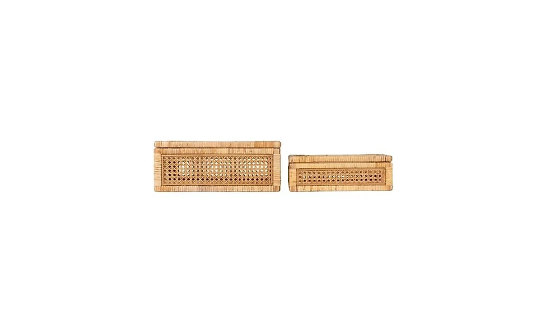 Storied Home Woven Rattan and Wood Display Boxes with Glass Lids, Set of 2 12.5 x 6.75 x 4.25 and 15.5 x 9.5 x 6 inches