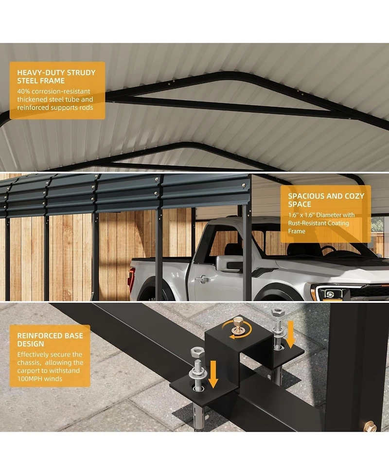 homfan 20 x 20 Ft Heavy Duty Steel Carport, Outdoor Vehicle Shelter Garage for Cars Trucks Boats, Galvanized Steel Roof All-Weather Protection